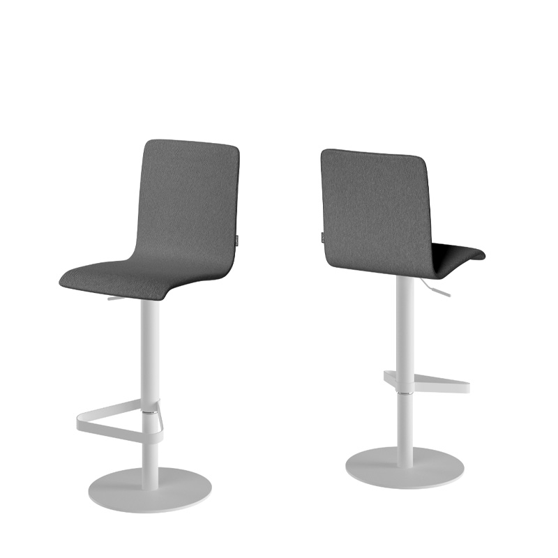 Taburete PALMA con estructura redonda en blanco y asiento tapizado gris oscuro