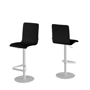 Taburete PALMA con estructura redonda en blanco y asiento tapizado negro