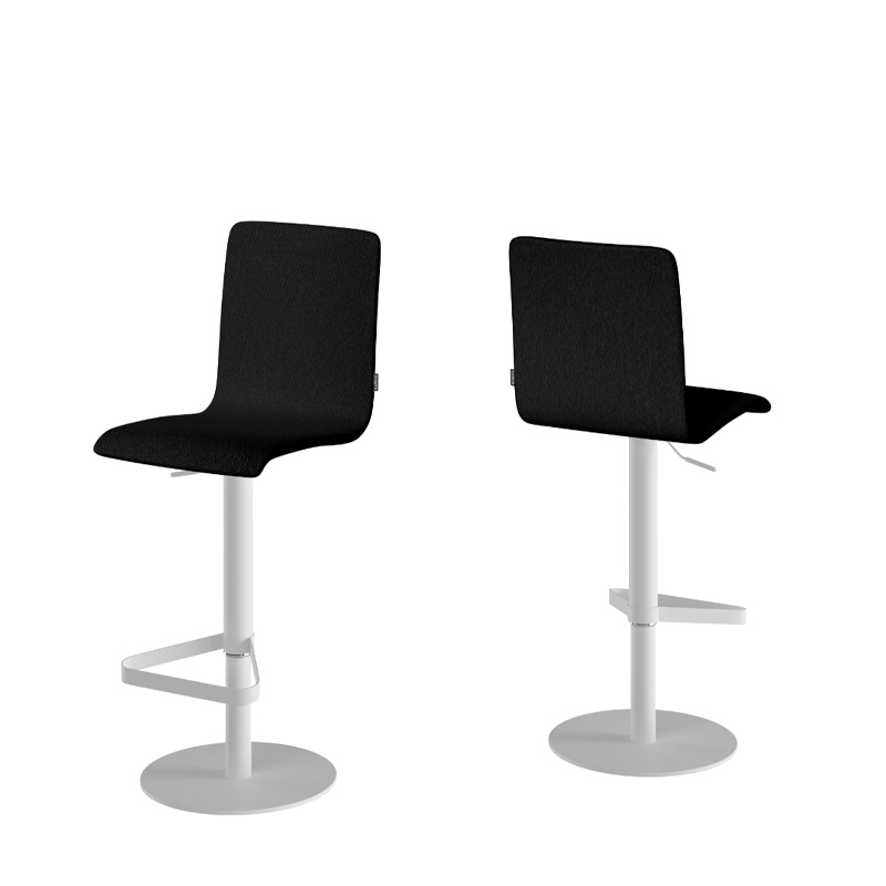 Taburete PALMA con estructura redonda en blanco y asiento tapizado negro