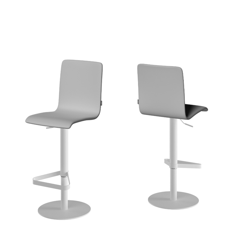 Taburete PALMA con estructura redonda en blanco y asiento tapizado gris