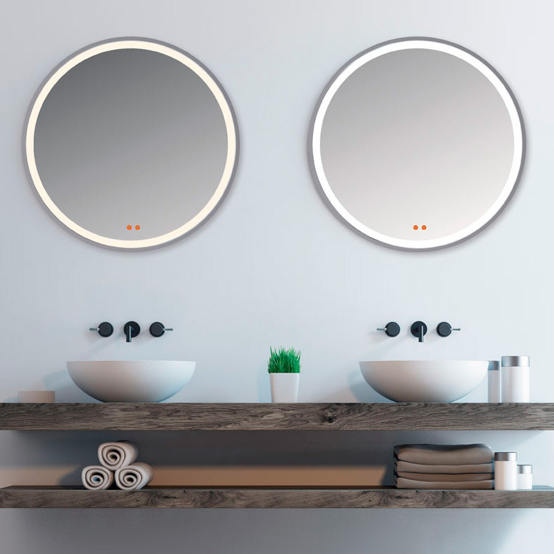 Espejo de baño redondo montado en la pared con luz LED antivaho