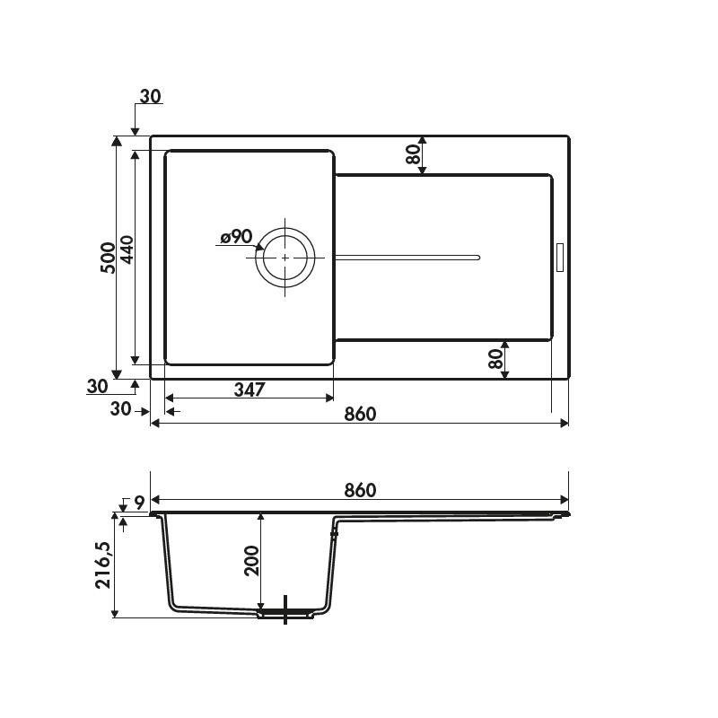 Fregadero de granito para mueble de 50