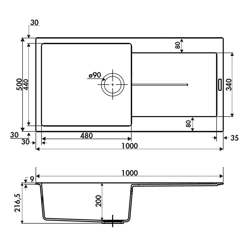 Fregadero de granito para mueble de 60