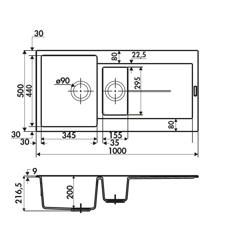 Fregadero de granito para mueble de 60