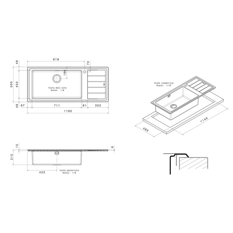 MEDIDAS acero inoxidable con escurridor para mueble de 90