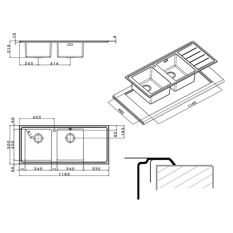 MEDIDAS acero inoxidable con escurridor para mueble de 90