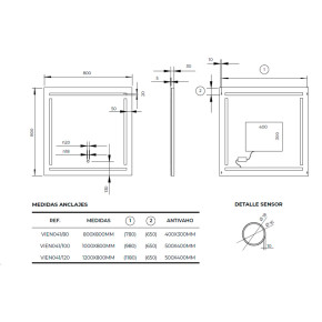 Espejo con luz para baño VIENA: medidas y ficha técnica