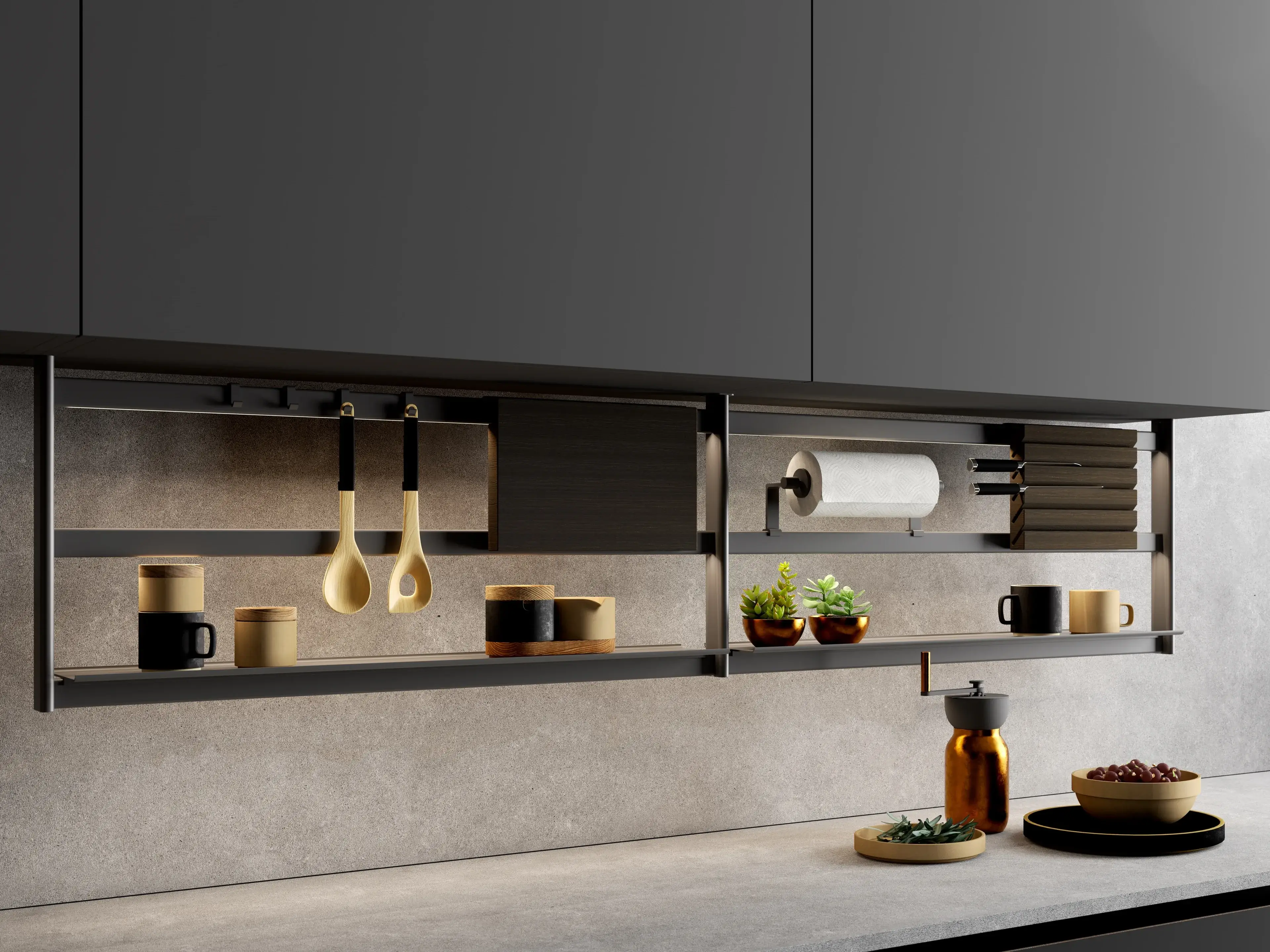 estantes para cocina negro HANG con luz LED y porta accesorios