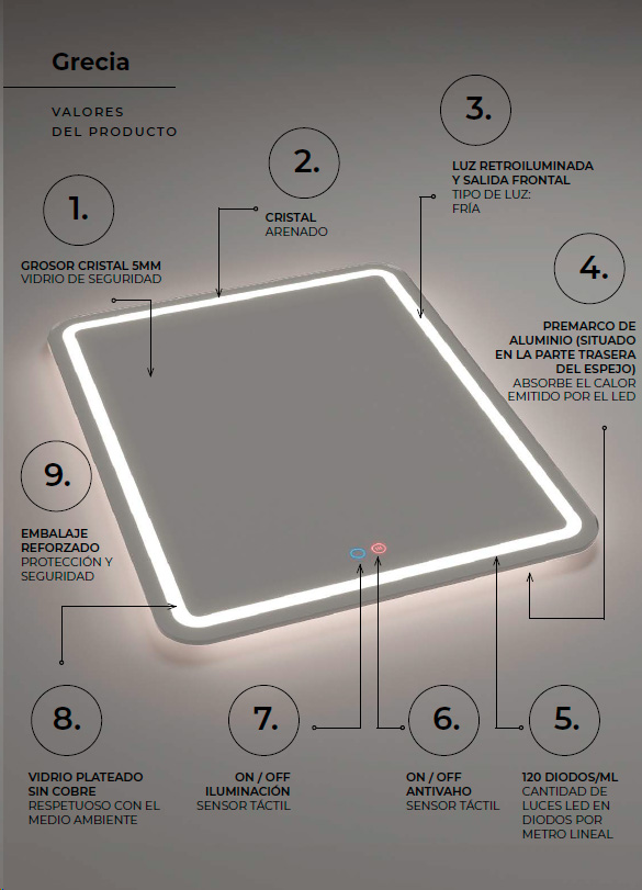 espejo con luz LED Grecia