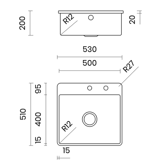 Medidas fregadero acero inoxidable sobre encimera overtop IRIS de tasca fratelli IR50