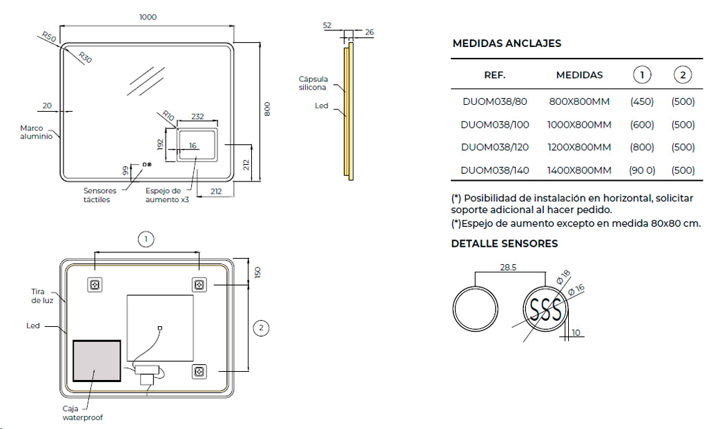 MEDIDA ESPEJO DUOMO LEDIMEX