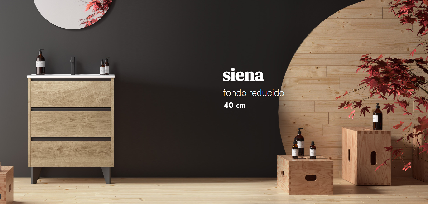 mueble baño fondo 40 reducido siena madera roble tirador negro