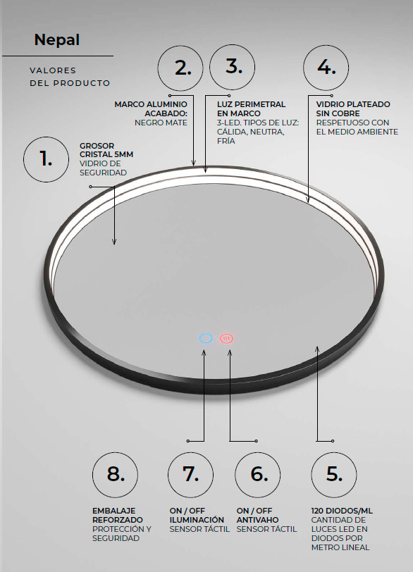 espejo con luz LED Nepal