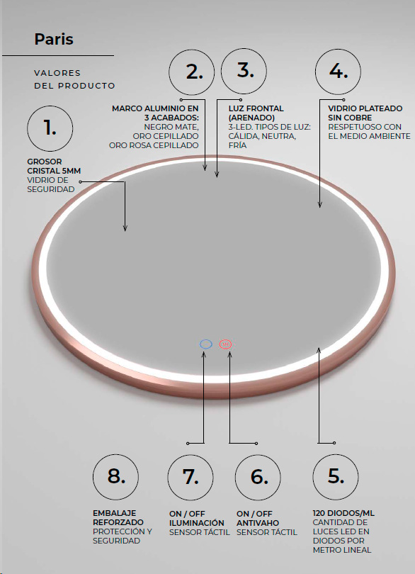 espejo con luz LED Paris