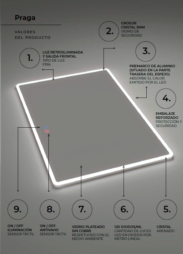 espejo con luz LED Praga