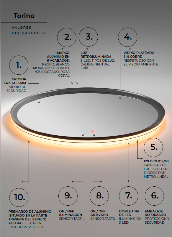 espejo con luz LED Torino